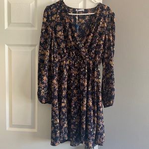 Women's Navy Floral Long-Sleeve Wrap Dress